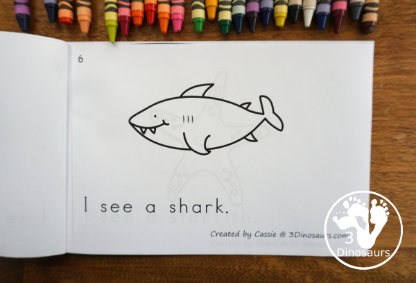 Free Ocean Animals Easy Reader Book - a fun 10 page book that has 9 different ocean animals with simple easy to read sentences that focus on sight words I, see, a, an.  3Dinosaurs.com