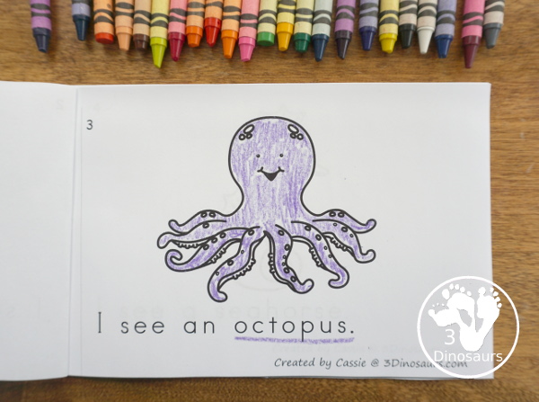 Free Ocean Animals Easy Reader Book - a fun 10 page book that has 9 different ocean animals with simple easy to read sentences that focus on sight words I, see, a, an.  3Dinosaurs.com