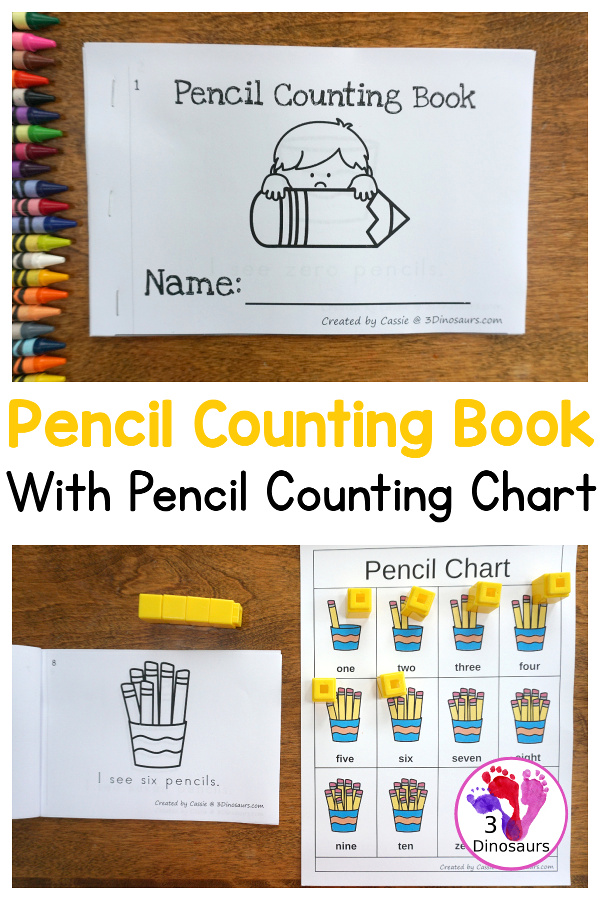 Free Pencil Number Counting Book & Chart - numbers 0 to 10 with matching pencil counting number chart. A great easy reader book for kids in kindergarten - 3Dinosaurs.com