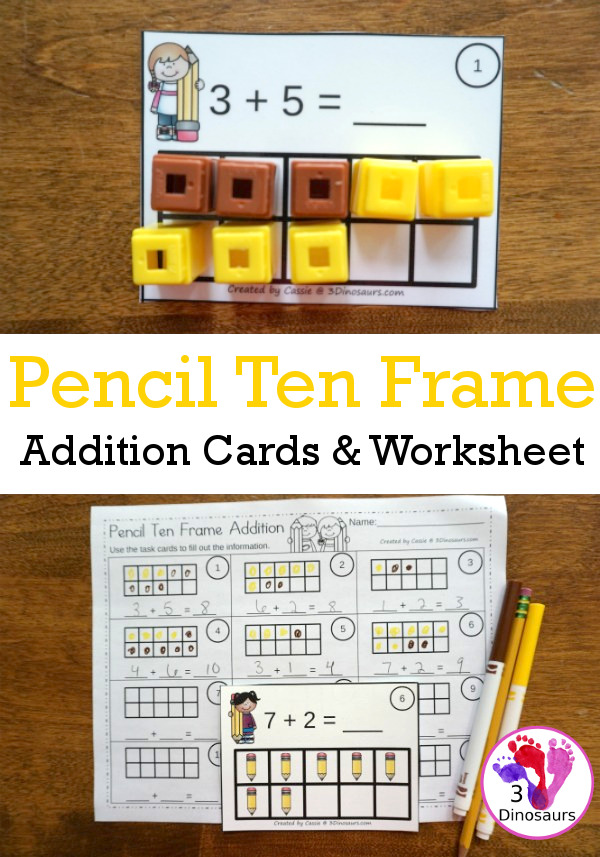 Free Pencil Ten Frame Addition Cards - 12 cards with recording sheet with two styles of cards - 3Dinosaurs.com