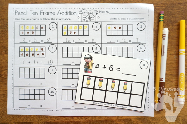 Free Pencil Ten Frame Addition Cards - 12 cards with recording sheet with two styles of cards - 3Dinosaurs.com