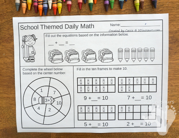 No Prep School Themed Addition & Subtraction and Multiplication & Division - 30 pages no-prep printables with a mix of addition and subtraction or multiplication and division activities plus a math center activities - 3Dinosaurs.com #noprepmath #tpt #addition #subtraction #multiplication #division #backtoschool
