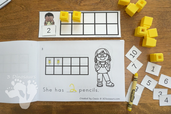 School Themed Ten Frame Printables: No-Prep & Hands-On - 168 pages of printables working on ten frame activities for numbers 1 to 20 with hands-on and no-prep: cards, worksheets and easy reader books - 3Dinosaurs.com #handsonmath #teacherspayteachers #tenframe #schoolprintablesforkids #printablesforkids