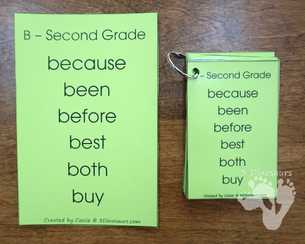Free Dolch Sight Word Second Grade Wall Cards - word sorted by letter - 3Dinosaurs.com