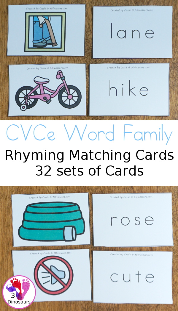 Free CVCe Word Family Matching Cards - 32 sets of cards for matching picture and rhyming word plus see ways to use them - 3Dinosaurs.com