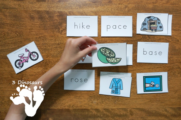 Free CVCe Word Family Matching Cards - 32 sets of cards for matching picture and rhyming word plus see ways to use them - 3Dinosaurs.com