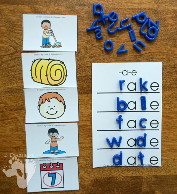 Free CVCe Word Family Matching Cards - 32 sets of cards for matching picture and rhyming word plus see ways to use them - 3Dinosaurs.com