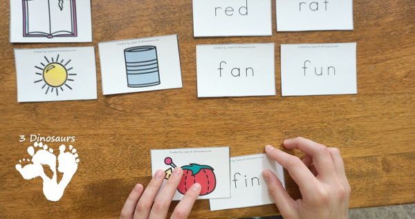 Free CVC Rhyming Matching Cards - 27 sets of cards for matching picture and rhyming word - 3Dinosaurs.com