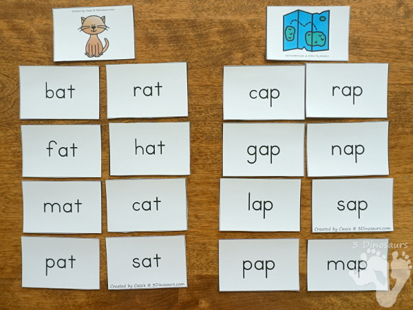 Free CVC Rhyming Matching Cards - 27 sets of cards for matching picture and rhyming word - 3Dinosaurs.com