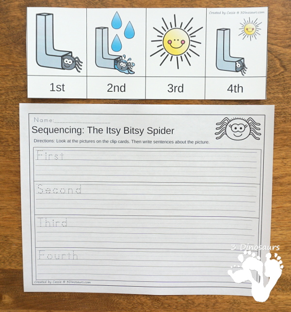 Free Sequencing Mini: Itsy Bitsy Spider -  with clip cards, 3 part cards, cut & paste and  writing worksheet  - 3Dinosaurs.com #freeprintable #sequencingforkids #3dinosaurs 