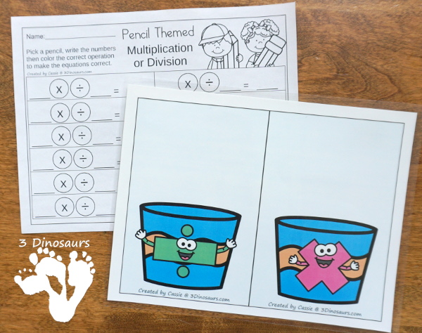 Free Pencil Themed Multiplication & Division Sorting - work on multiplication 1 to 12 with one multiplication and one division for each number with sorting mat and recording sheets for the 2 sets of pencils - 3Dinosaurs.com