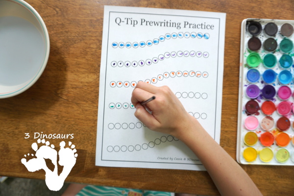 Free Q-Tip Prewriting Printables - 10 pages of fine motor work for kids to work on prewriting with q-tip - 3Dinosaurs.com