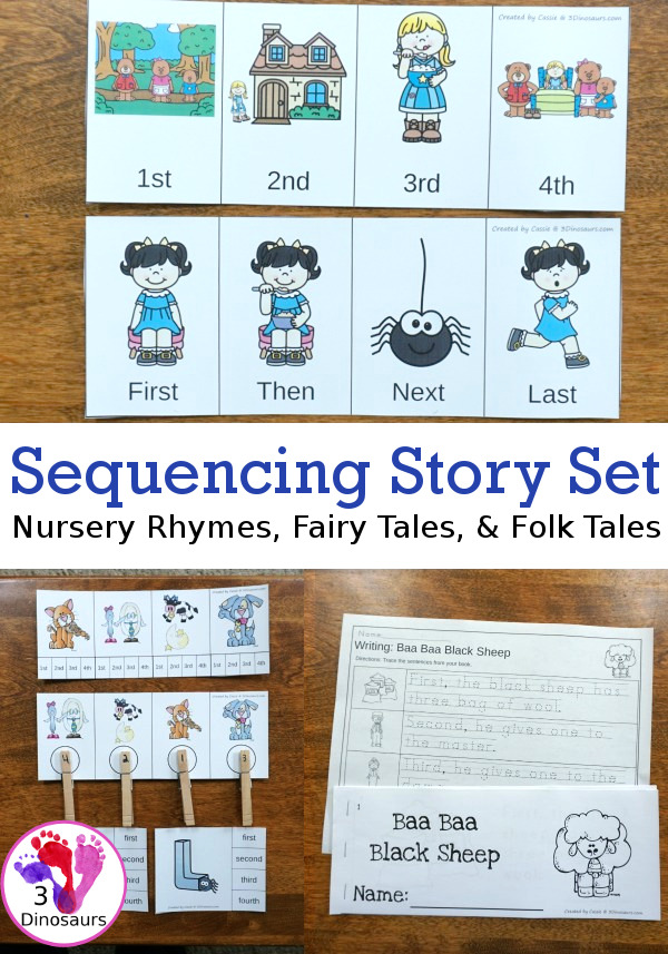 Sequencing Card Set for Stories: Nursery Rhymes, Folk Tales and Fairy Tales with clip cards, task cards, no-prep worksheets and easy reader books $ - 3Dinosaurs.com #printablesforkids #sequencingforkids #3dinosaurs  #tpt #teacherspayteachers