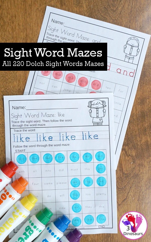No-Prep Sight Word Maze & Tracing Bundle - has all 220 Dolch Sight Words: Preprimer, Primer, First Grade, Second Grade in an easy to use tracing with word maze or word path to follow. A fun way to recognize sight words mixed in with other sight words. - 3Dinosaurs.com