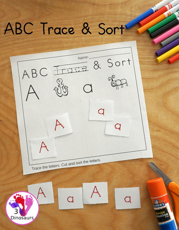 ABC Trace & Sort - works on tracing uppercase and lowercase letters and sorting them with all 26 letters of the alphabet - 3Dinosaurs.com
