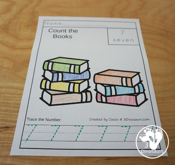 Book Activity Pack: Numbers - no-prep tracing nubmer page with coloring on books. - 3Dinosaurs.com