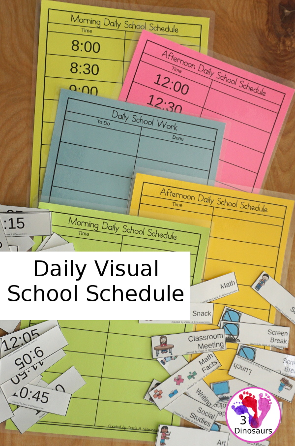 Free Daily Visual School Schedule for Remote, Hybrid, or At Home Learning - with three schedules, visual cards and time cards to use with the sets with a mix of ways to use the schedules - 3Dinosaurs.com