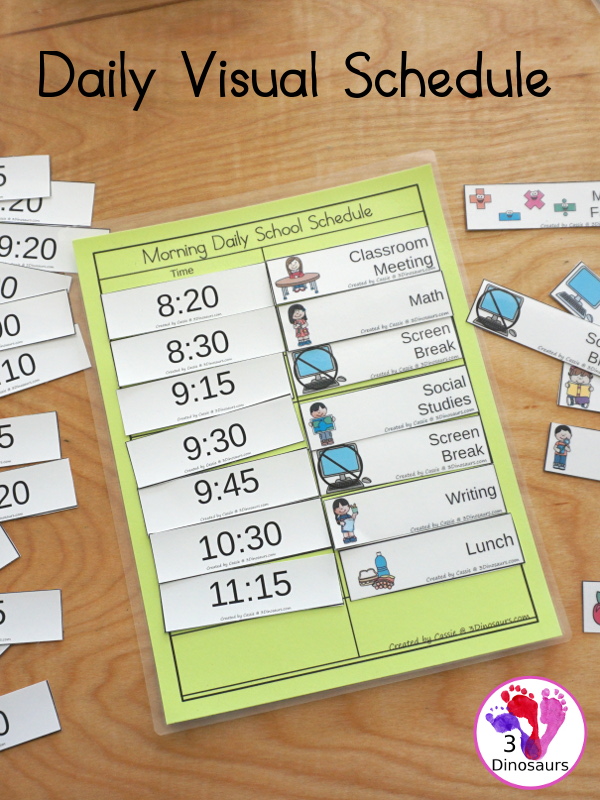 Free Daily Visual School Schedule for Remote, Hybrid, or At Home Learning - with three schedules, visual cards and time cards to use with the sets with a mix of ways to use the schedules - 3Dinosaurs.com