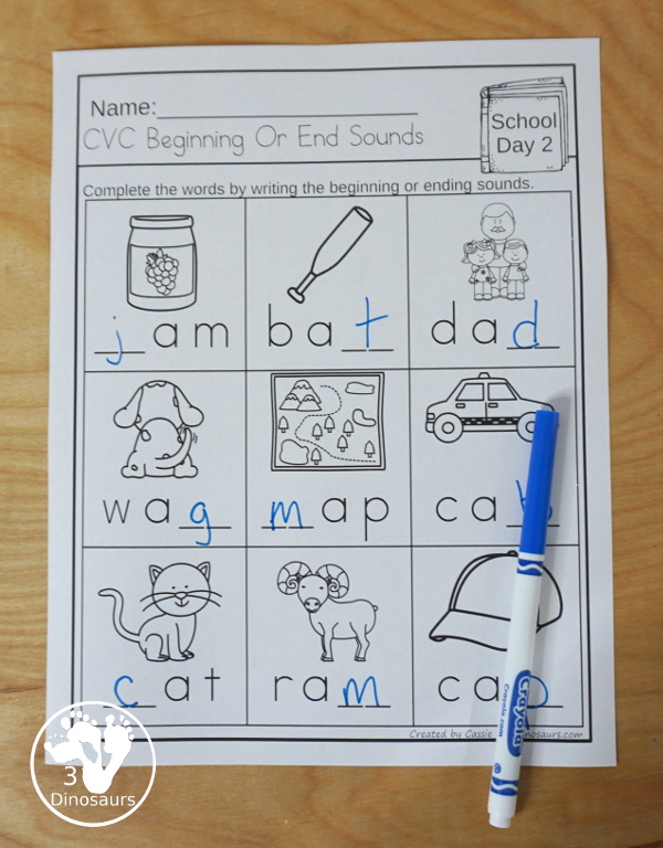 No-Prep & Hands-On School Themed Weekly Packs for First Grade with 5 days of activities to do  with hands-on and no-prep that match up for each day  with addition, subtraction, sight words, reading strips, CVC word review, and Digraphs - 3Dinosaurs.com