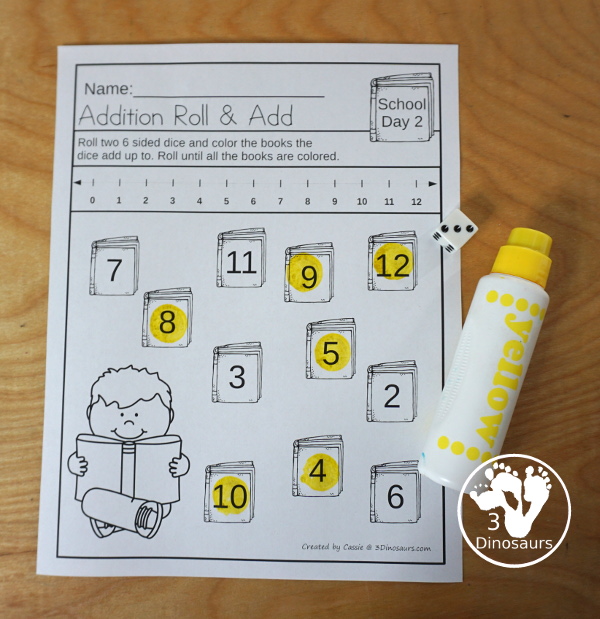 No-Prep & Hands-On School Themed Weekly Packs for First Grade with 5 days of activities to do  with hands-on and no-prep that match up for each day  with addition, subtraction, sight words, reading strips, CVC word review, and Digraphs - 3Dinosaurs.com