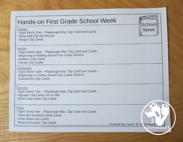 No-Prep & Hands-On School Themed Weekly Packs for First Grade with 5 days of activities to do  with hands-on and no-prep that match up for each day  with addition, subtraction, sight words, reading strips, CVC word review, and Digraphs - 3Dinosaurs.com