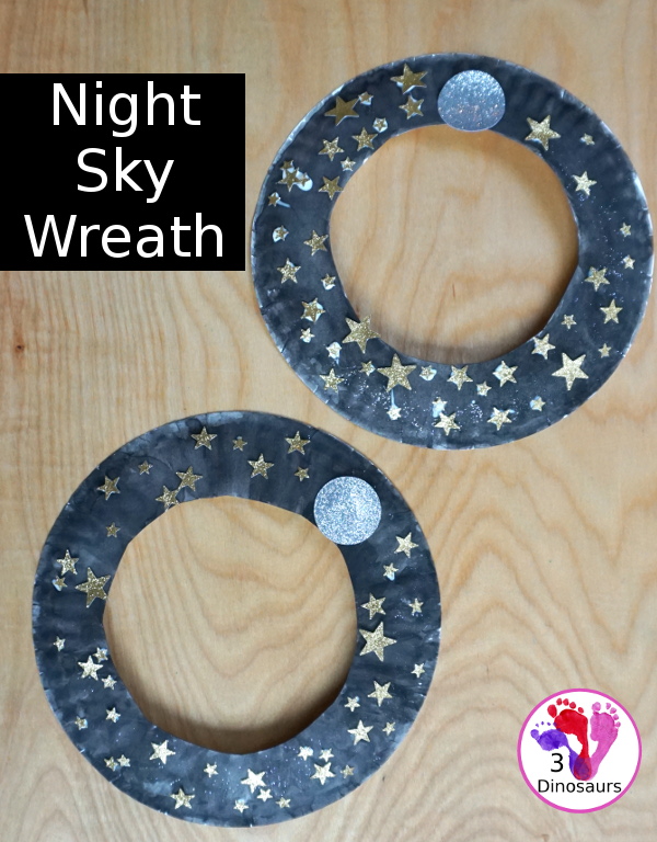 A Fun Night Sky Theme Wreath - make a paper plate wreath with a night sky wreath with a moon and stars - 3Dinosaurs.com 