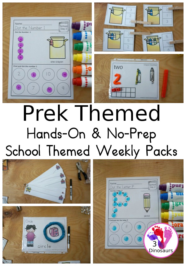 No-Prep & Hands-On School Themed Weekly Packs for PreK  with 5 days of activities to do  with hands-on and no-prep that match up for each day - 3Dinosaurs.com