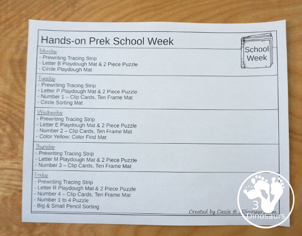 No-Prep & Hands-On School Themed Weekly Packs for PreK  with 5 days of activities to do  with hands-on and no-prep that match up for each day - 3Dinosaurs.com