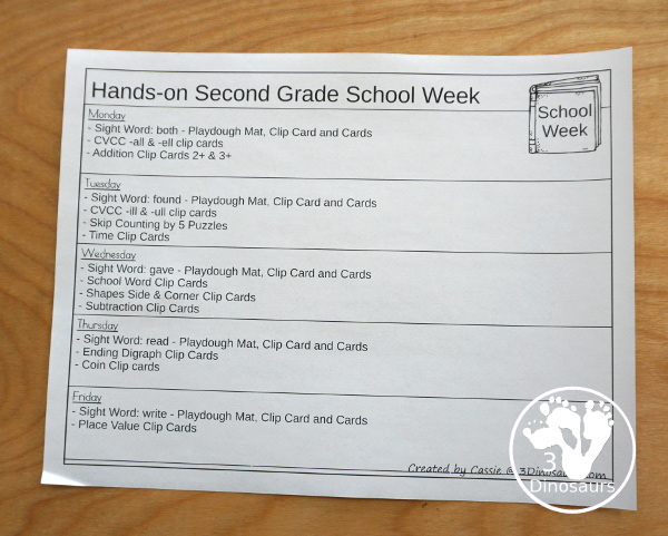 No-Prep & Hands-On School Themed Weekly Packs for Second Grade with 5 days of activities to do  with hands-on and no-prep that match up for each day  with addition, subtraction, skip counting, sight words, reading strips, CVCC word review, and more - 3Dinosaurs.com