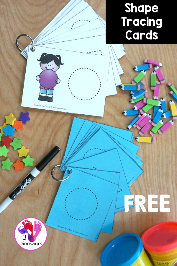 Free 2D Shape Tracing Cards - you have 12 shapes to trace with two options for the tracing the shapes. A great fine motor shape printable for kids - 3Dinosaurs.com