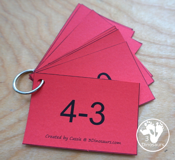 Free Subtraction Flashcards: 1 to 10 for kindergarten, first grade, and second grade with ways to use with and five color options - 3Dinosaurs.com