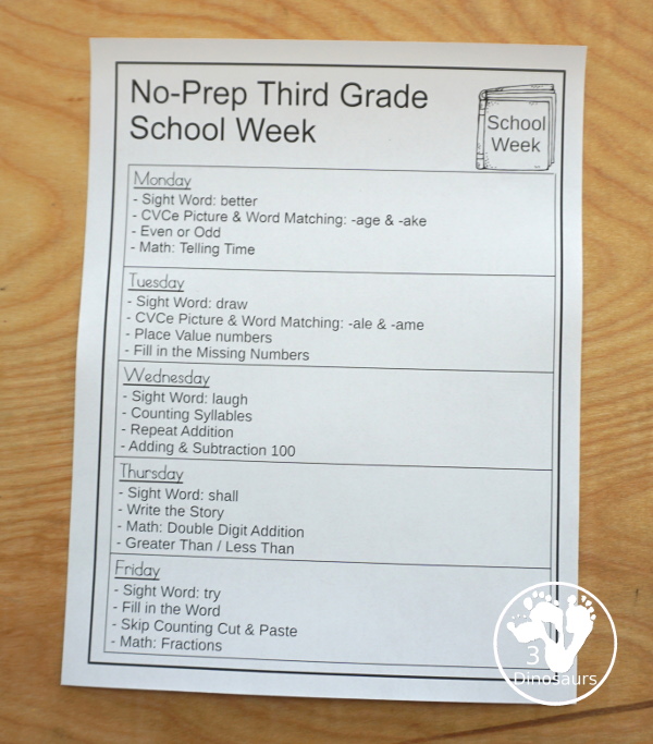 No-Prep & Hands-On School Themed Weekly Packs for Third Grade with 5 days of activities to do  with hands-on and no-prep that match up for each day with addition, subtraction, skip counting, sight words, repeat addition, CVCe word review, and more - 3Dinosaurs.com