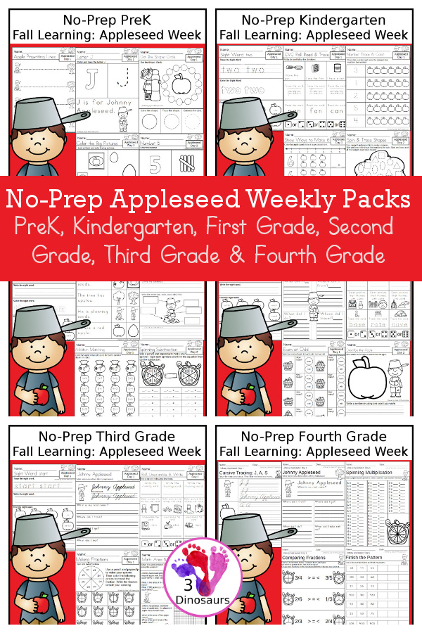 No-Prep Johnny Appleseed Themed Weekly Packs for PreK, Kindergarten, First Grade, Second Grade, Third Grade & Fourth Grade with 5 days of activities to do for each grade level - 3Dinosaurs.com
