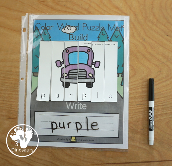 Bus Color Pack -  - with 63 pages of printables with color easy reader book, bus color clip cards, bus color tracing strips, bus color writing strips, bus color pocket chart cards, bus color word writing, bus color word puzzles, and more all to work on learning color words. This is a great back to school theme - 3Dinosaurs.com