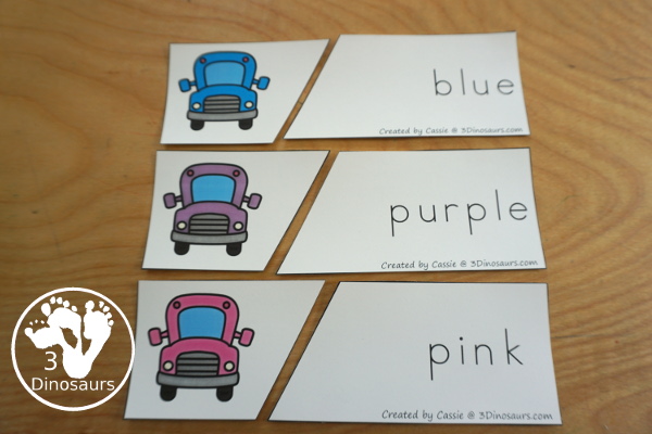 Bus Color Pack -  - with 63 pages of printables with color easy reader book, bus color clip cards, bus color tracing strips, bus color writing strips, bus color pocket chart cards, bus color word writing, bus color word puzzles, and more all to work on learning color words. This is a great back to school theme - 3Dinosaurs.com