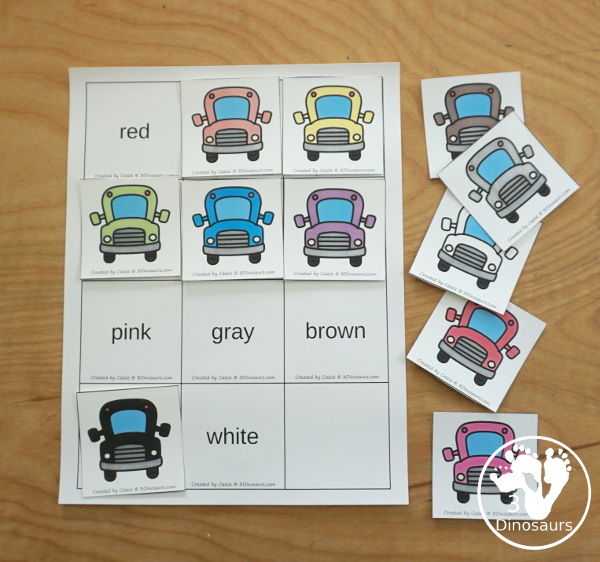 Bus Color Pack -  - with 63 pages of printables with color easy reader book, bus color clip cards, bus color tracing strips, bus color writing strips, bus color pocket chart cards, bus color word writing, bus color word puzzles, and more all to work on learning color words. This is a great back to school theme - 3Dinosaurs.com