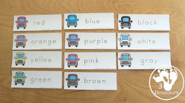 Bus Color Pack -  - with 63 pages of printables with color easy reader book, bus color clip cards, bus color tracing strips, bus color writing strips, bus color pocket chart cards, bus color word writing, bus color word puzzles, and more all to work on learning color words. This is a great back to school theme - 3Dinosaurs.com