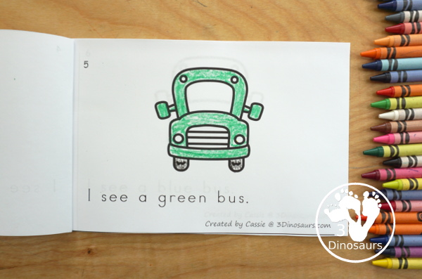 Bus Color Pack -  - with 63 pages of printables with color easy reader book, bus color clip cards, bus color tracing strips, bus color writing strips, bus color pocket chart cards, bus color word writing, bus color word puzzles, and more all to work on learning color words. This is a great back to school theme - 3Dinosaurs.com