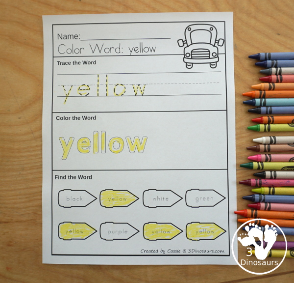 Bus Color Pack - with 63 pages of printables with color easy reader book, bus color clip cards, bus color tracing strips, bus color writing strips, bus color pocket chart cards, bus color word writing, bus color word puzzles, and more all to work on learning color words. This is a great back to school theme - 3Dinosaurs.com