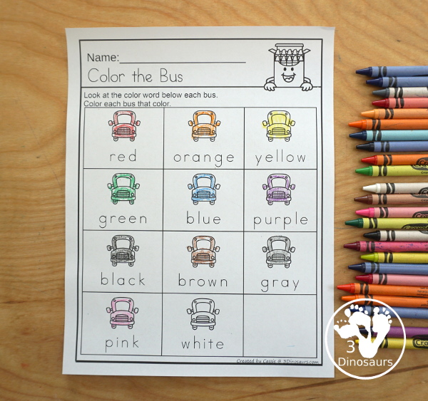 Bus Color Pack -  - with 63 pages of printables with color easy reader book, bus color clip cards, bus color tracing strips, bus color writing strips, bus color pocket chart cards, bus color word writing, bus color word puzzles, and more all to work on learning color words. This is a great back to school theme - 3Dinosaurs.com