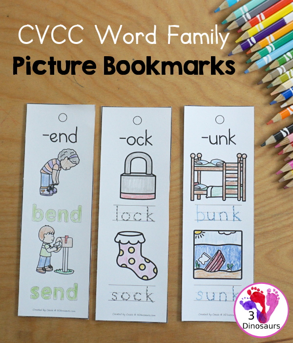 CVCC Word Family Coloring Bookmarks - fun picture bookmarks for kids to work on CVCC words with the CVCC ending two pictures with coloring, tracin and writing for the words - 3Dinosaurs.com