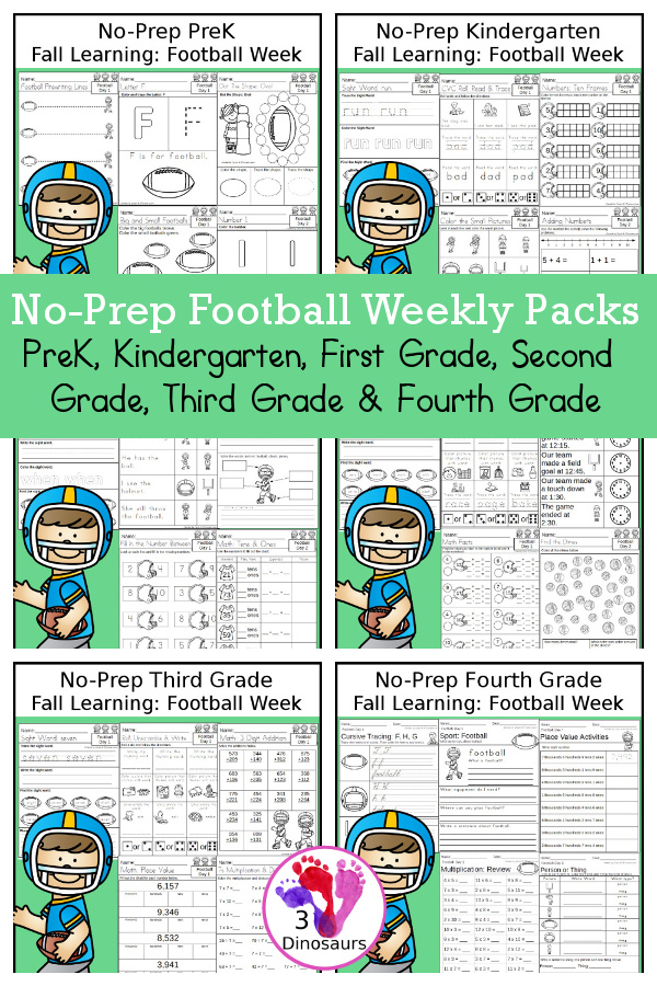Football No-Prep Weekly Packs PreK, Kindergarten, First Grade, Second Grade, Third Grade & Fourth Grade with 5 days of activities to do for each grade level With loads of football - You will find a mix of math, language, and more - These are easy to use packs for fall learning, homework, early finisher, and morning work. Easy no-prep printables for kids with four pages for each day - 3Dinosaurs.com