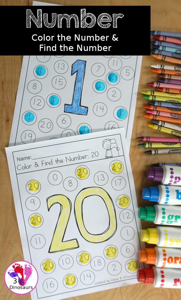 Number: Color the Number & Find the Number - it has numbers 0 to 20 with color the number and the find the number - 3Dinosaurs.com