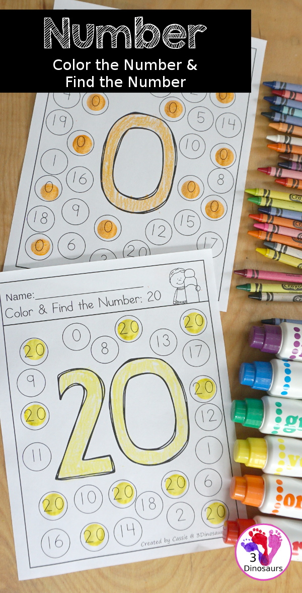 Number: Color the Number & Find the Number - it has numbers 0 to 20 with color the number and the find the number - 3Dinosaurs.com