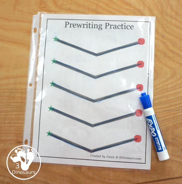 Free Prewriting Practice Solid & Dashed Printables - easy to use with start and stop lines for kids to use - 3Dinosaurs.com #prewriting #finemotorskills #freeprintables