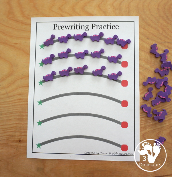 Free Prewriting Practice Solid & Dashed Printables - easy to use with start and stop lines for kids to use - 3Dinosaurs.com #prewriting #finemotorskills #freeprintables