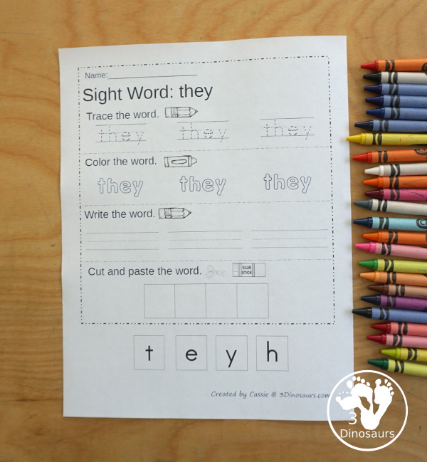 Free Primer Sight Word Trace, Color, Write, Cut & Paste - all 52 dolch primer sight words in an easy to use worksheet that has trace, coloring, writing, and cut and paste for the sight words - 3Dinosaurs.com - 3Dinosaurs.com