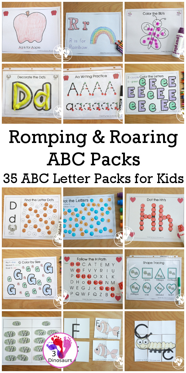 Romping & Roaring ABC Packs: 33 Alphabet Themed Letter Packs - individual letter packs with puzzles, coloring matching, uppercase and lowercase, matching and more with 3 letter review packs with additional printables for each letter - 3Dinosaurs.com