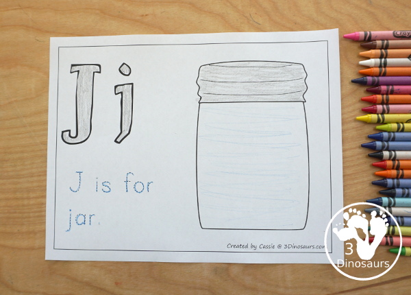 Free Romping & Roaring J Pack Letter Pack: J is for Jar - a letter J pack that has prewriting, finding letters, tracing letters, coloring pages, shapes, puzzles and more - 3Dinosaurs.com