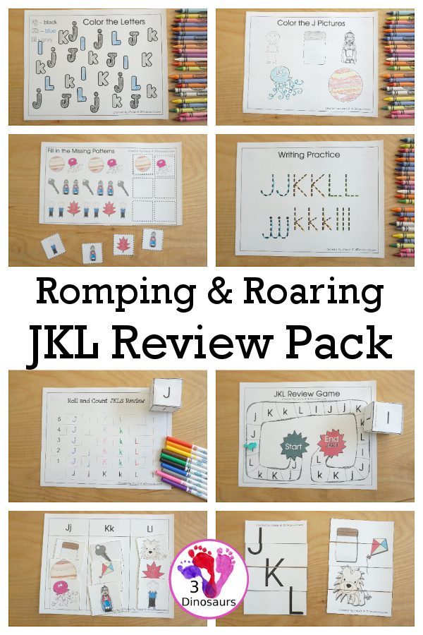 Free Romping & Roaring JKL Review Pack - with letter j, letter k, and letter l printables for reviewing the three letters with tracing, puzzles, coloring pages, finger puppets, game and more- 3Dinosaurs.com